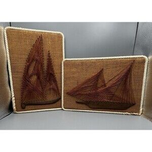 Pair Of Mid Century String Art Copper Wood Burlap Nautical With Rope Trim